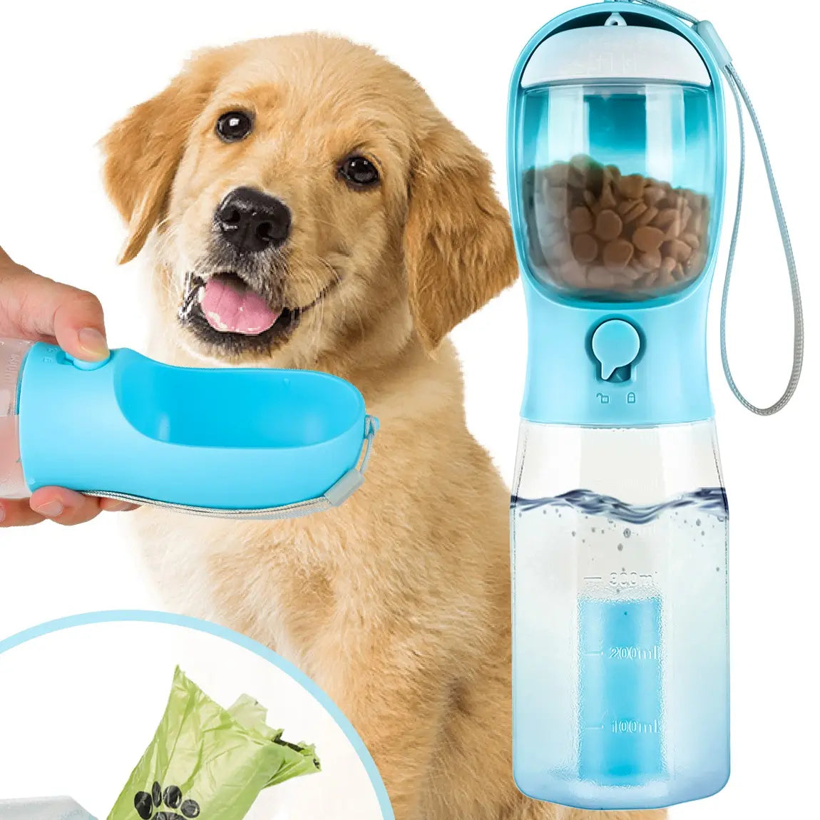 All-in-One 3-in-1 Portable Pet Travel Bottle – Hydration, Snacks & Waste Management
