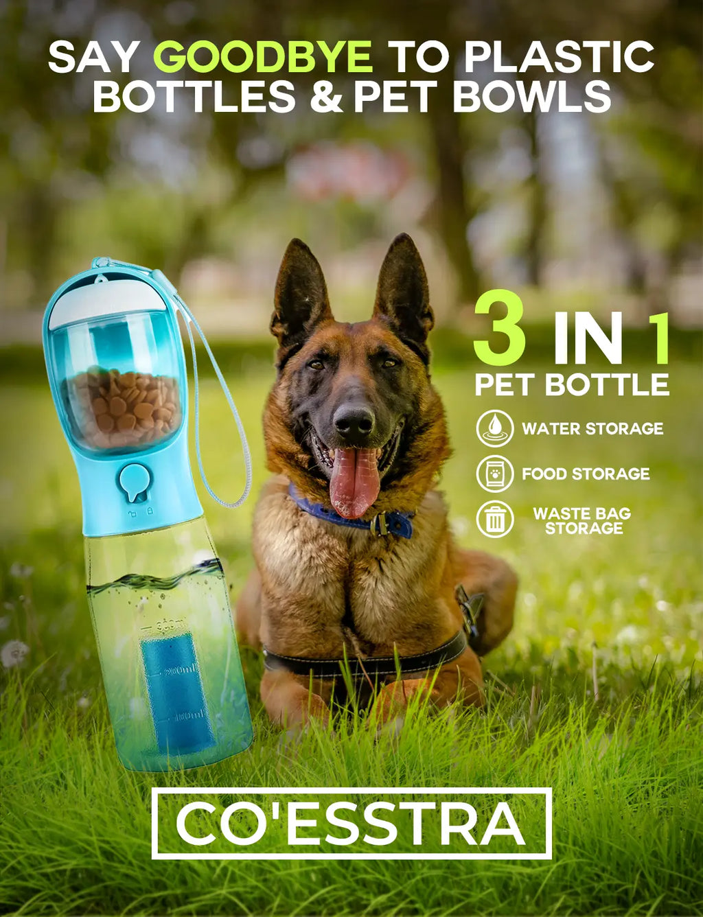 All-in-One 3-in-1 Portable Pet Travel Bottle – Hydration, Snacks & Waste Management
