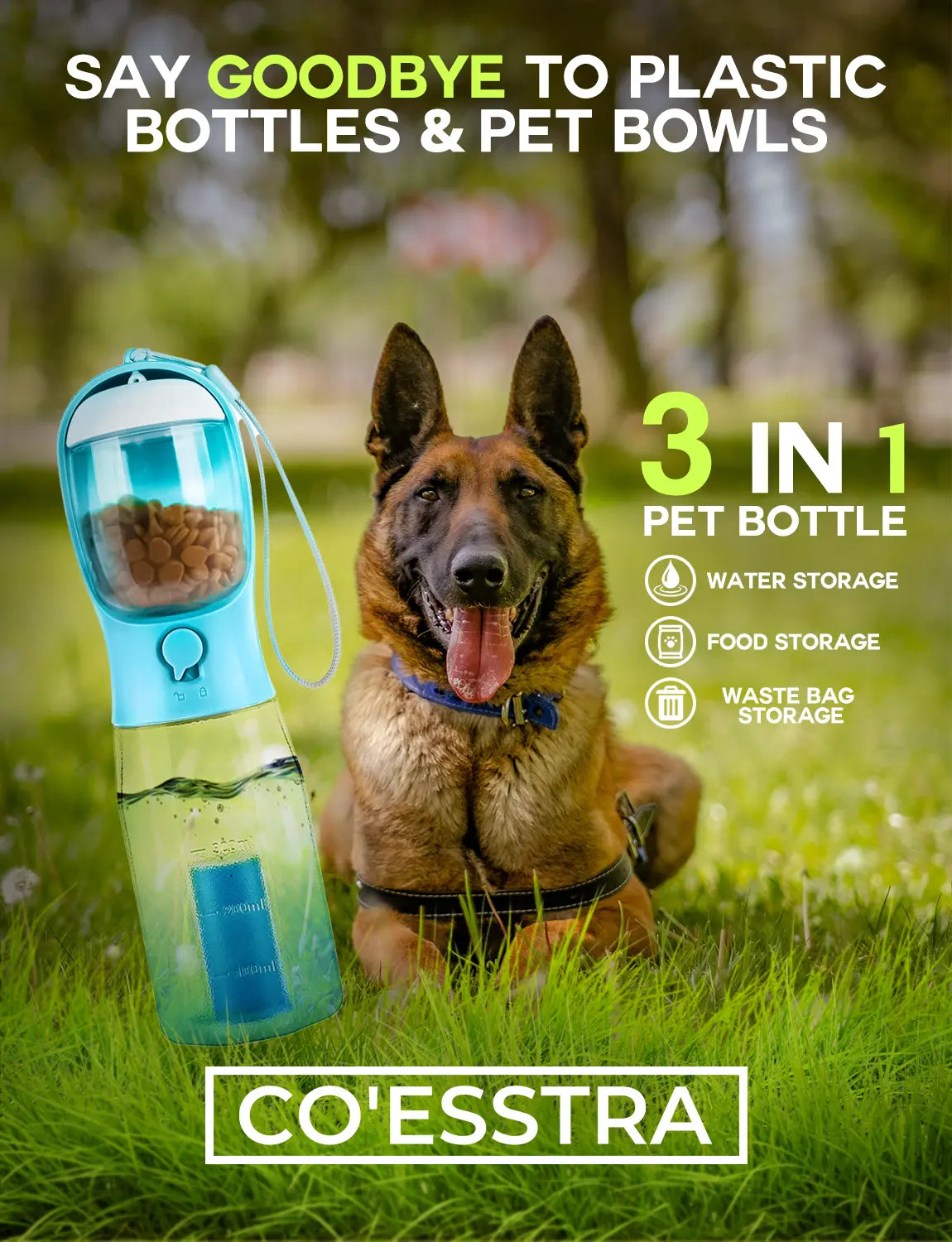 All-in-One 3-in-1 Portable Pet Travel Bottle – Hydration, Snacks & Waste Management