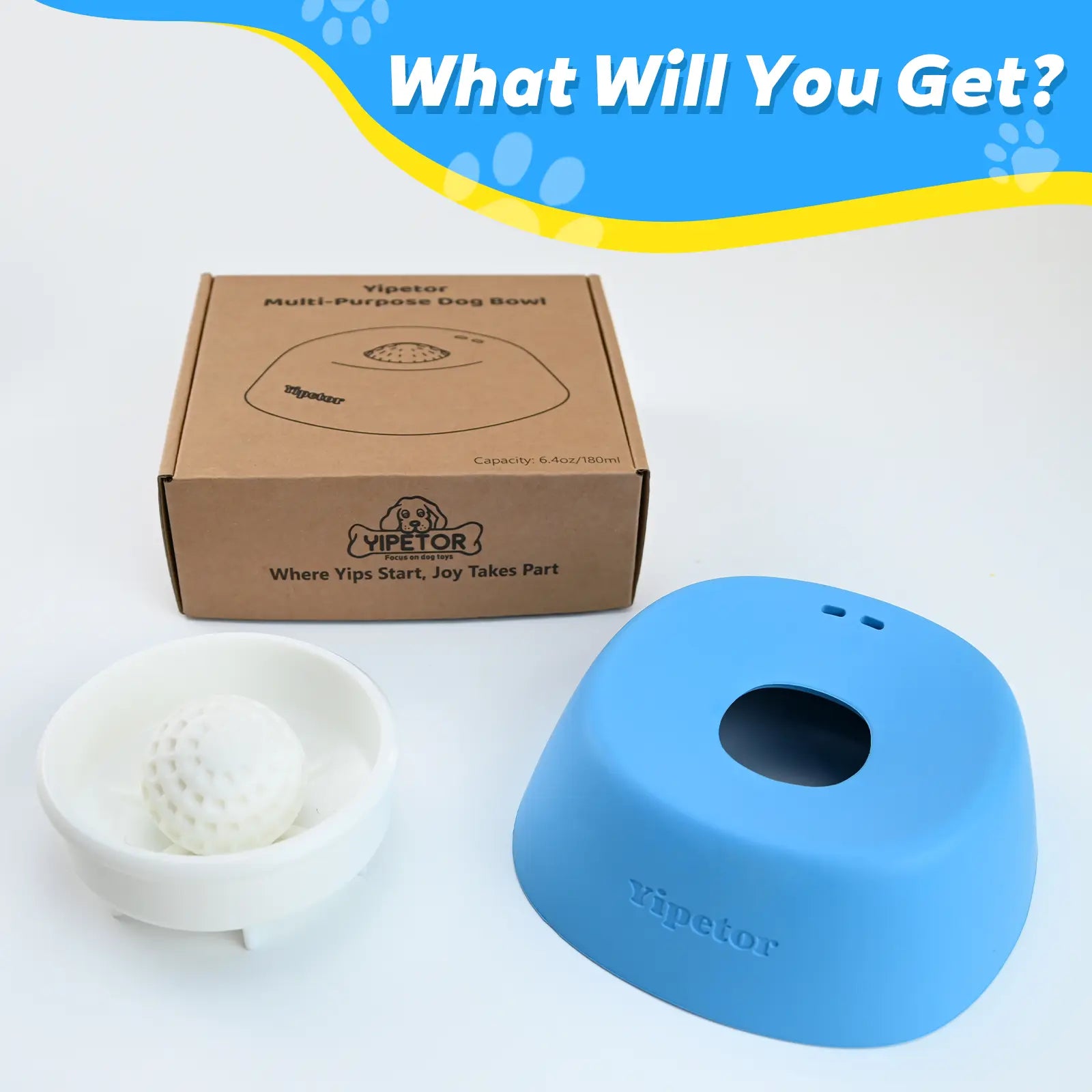 Yipetor Slow Feeder Dog Licking Bowl – No-Spill Liquid Treat Bowl with Built-In Rolling Ball for Bone Broth, Yogurt, and Supplements (All Breeds)