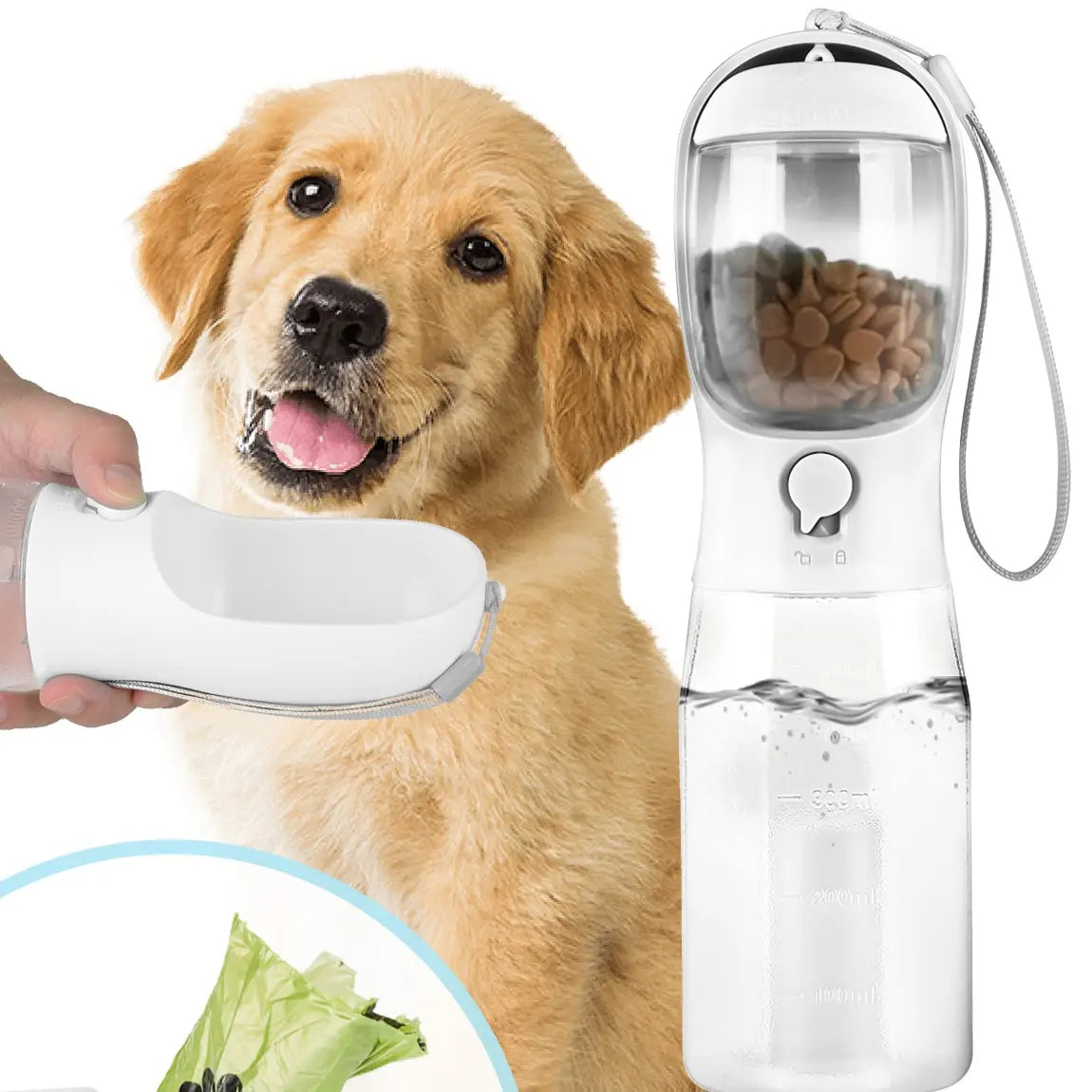 All-in-One 3-in-1 Portable Pet Travel Bottle – Hydration, Snacks & Waste Management