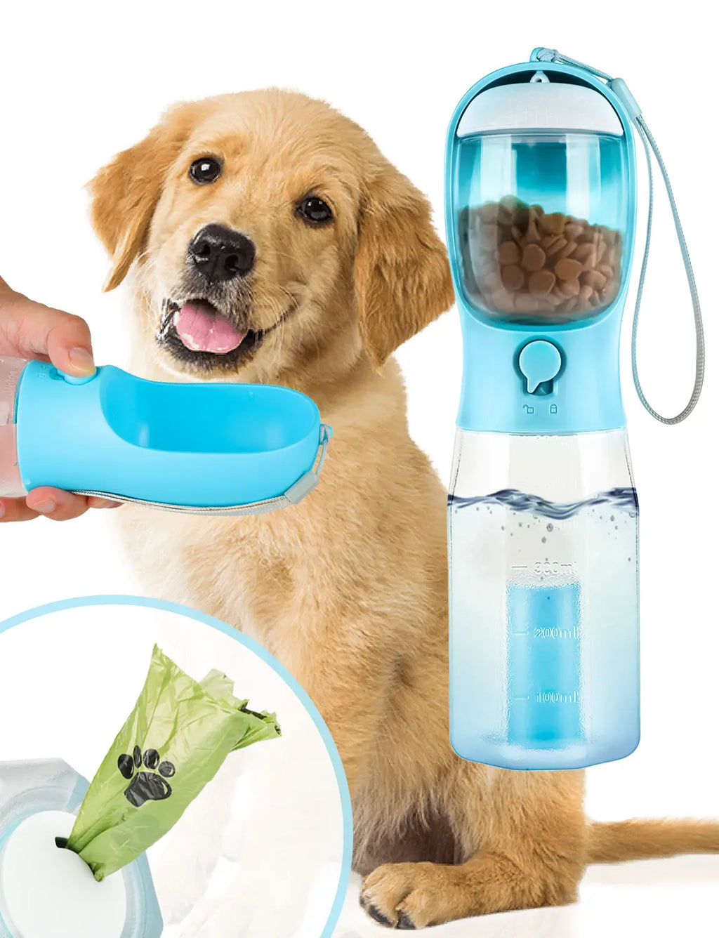 All-in-One 3-in-1 Portable Pet Travel Bottle – Hydration, Snacks & Waste Management