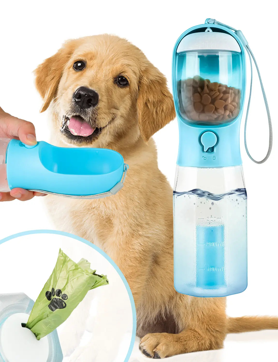 All-in-One 3-in-1 Portable Pet Travel Bottle – Hydration, Snacks & Waste Management