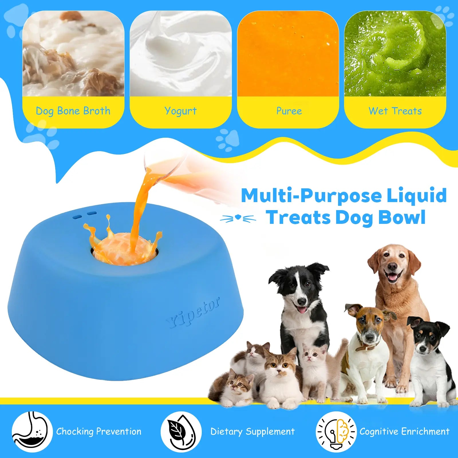 Yipetor Slow Feeder Dog Licking Bowl – No-Spill Liquid Treat Bowl with Built-In Rolling Ball for Bone Broth, Yogurt, and Supplements (All Breeds)