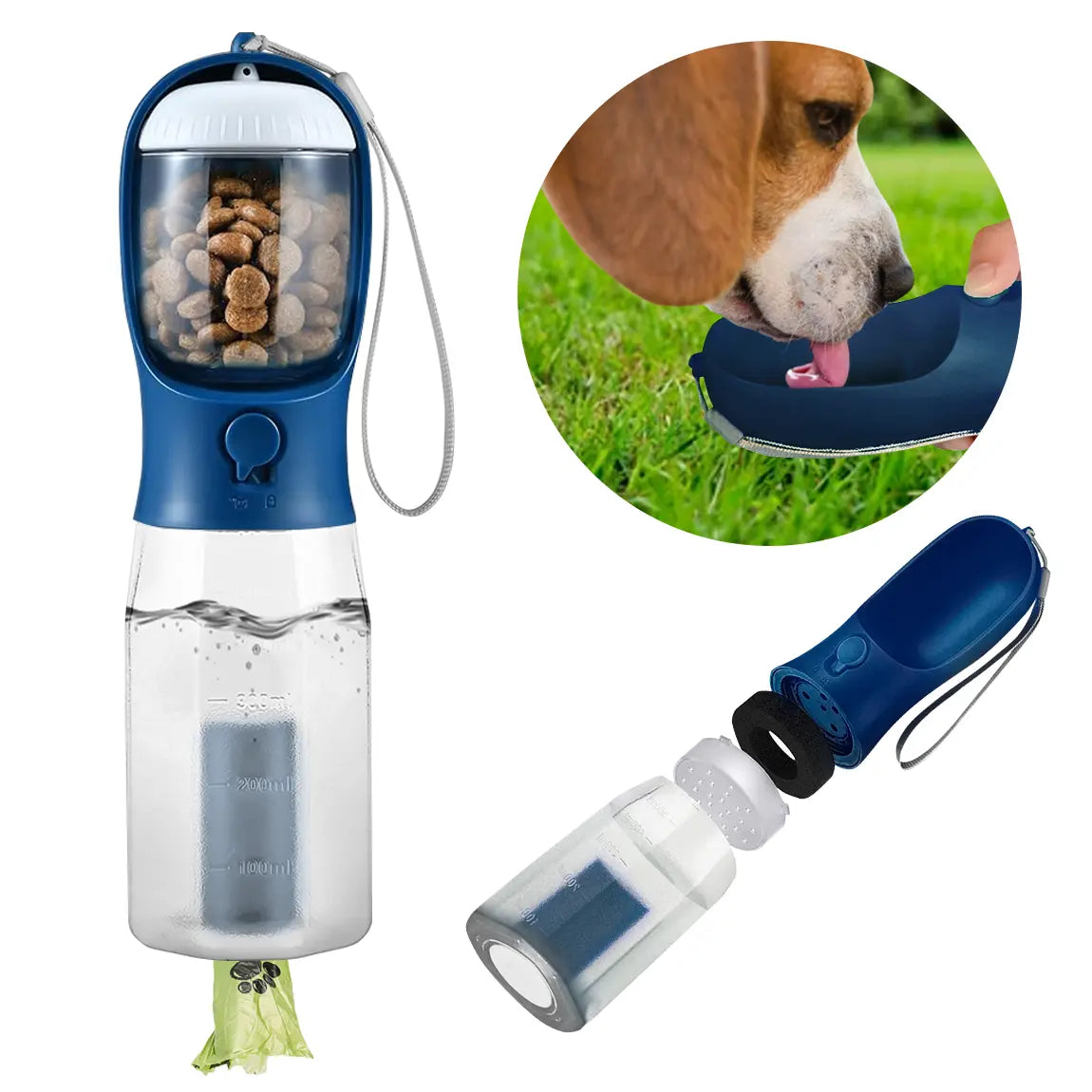 All-in-One 3-in-1 Portable Pet Travel Bottle – Hydration, Snacks & Waste Management