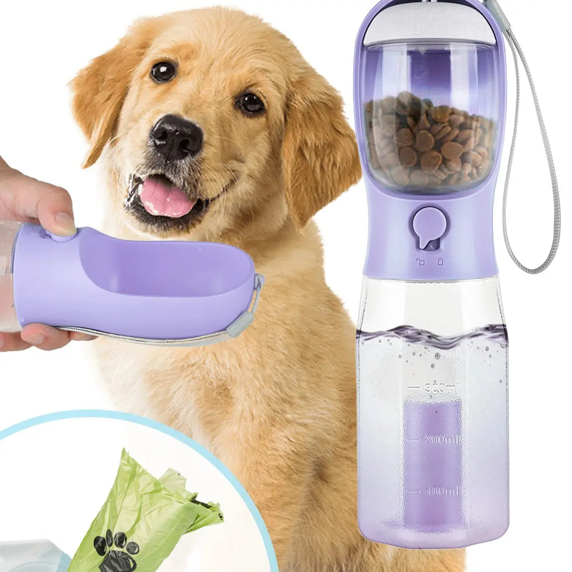 All-in-One 3-in-1 Portable Pet Travel Bottle – Hydration, Snacks & Waste Management