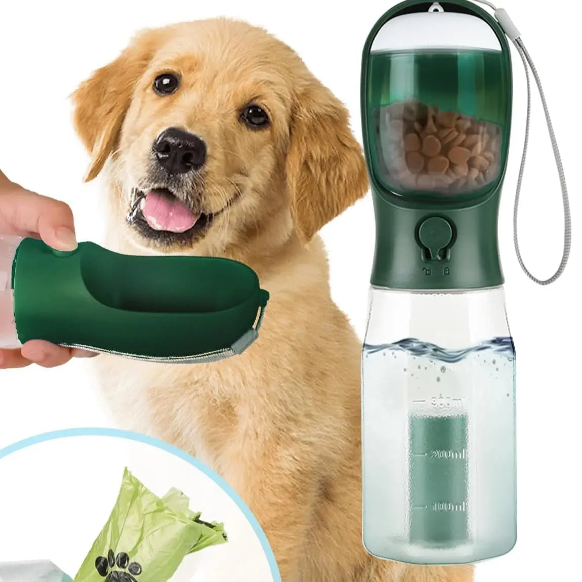 All-in-One 3-in-1 Portable Pet Travel Bottle – Hydration, Snacks & Waste Management